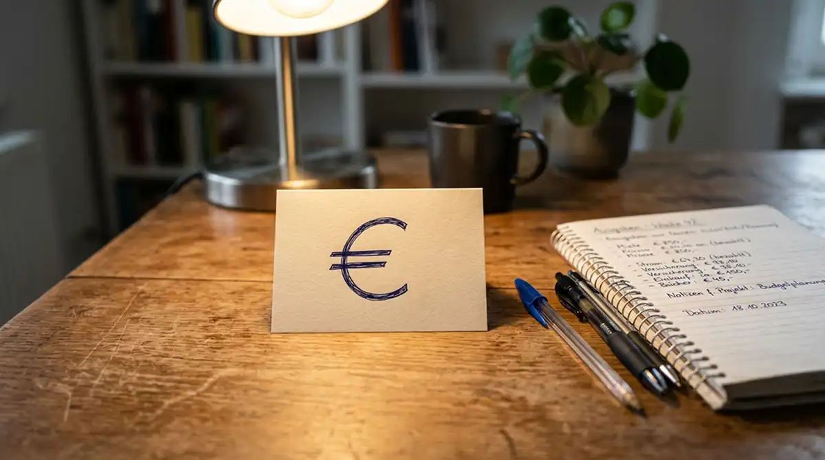 Symbolisches Eurosymbol auf einem Bonuskärtchen vor einem Schreibtisch mit Stiften