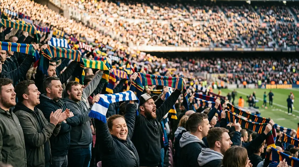 Fußballfans im Stadion bei strahlend hellem Tag mit hochgehaltenen Schals