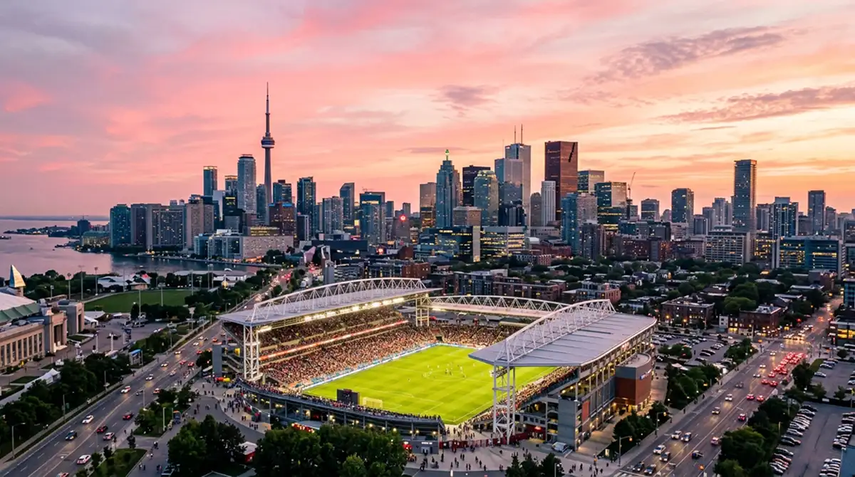 Großstadt-Skyline mit modernem Fußballstadion im Vordergrund als WM-Schauplatz