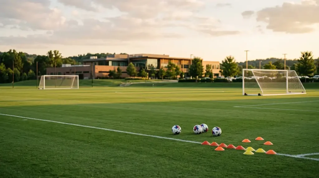 Verlassener MLS-Trainingsplatz mit Fußbällen und Toren in der Abendsonne