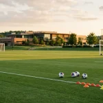 Verlassener MLS-Trainingsplatz mit Fußbällen und Toren in der Abendsonne