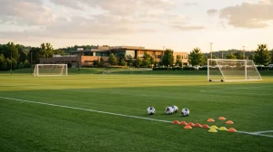 Verlassener MLS-Trainingsplatz mit Fußbällen und Toren in der Abendsonne