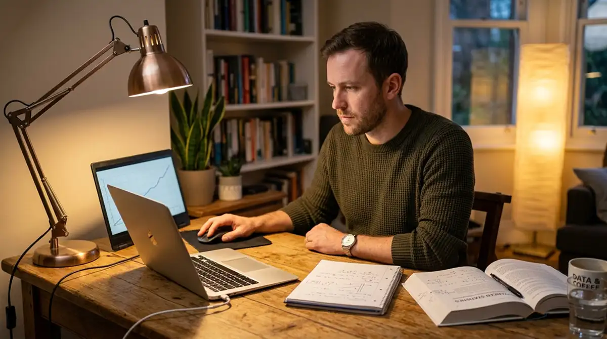 Sportanalyst arbeitet mit Spieldaten an einem Laptop in einem Heimstudio