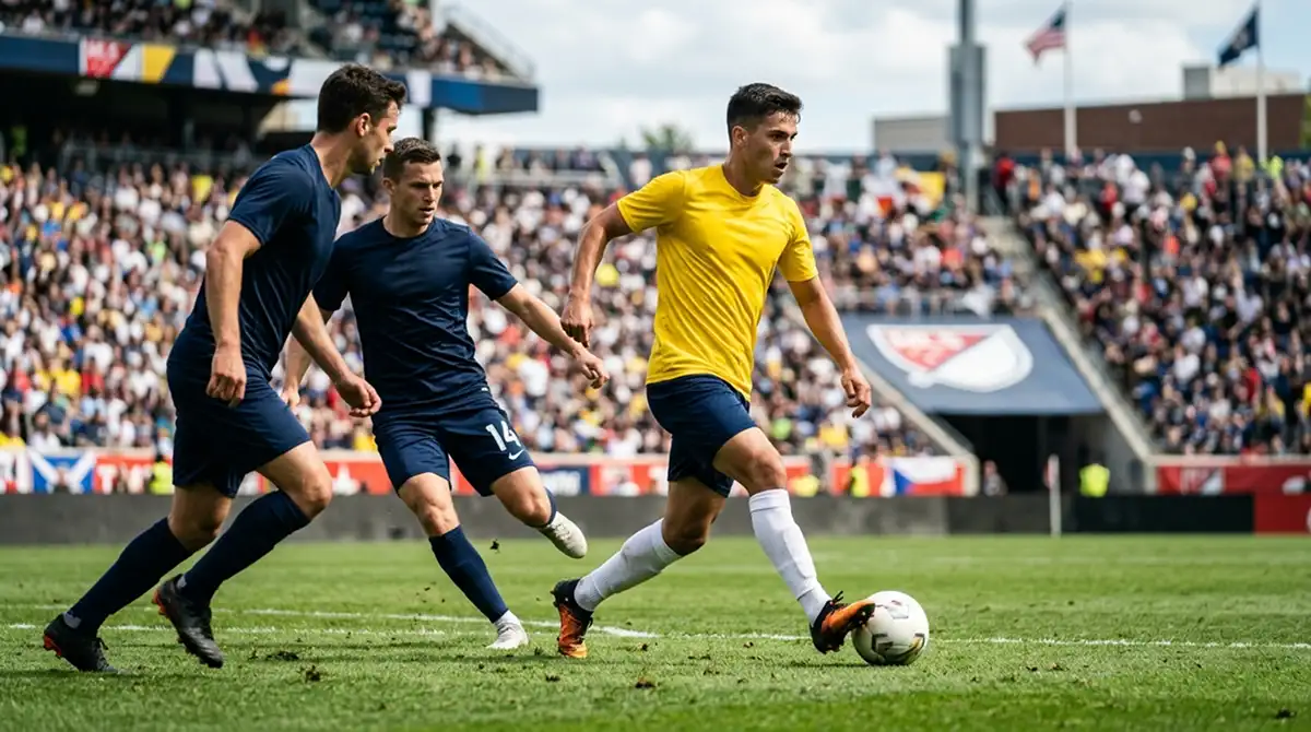 Junger zentraler Mittelfeldspieler spielt einen kreativen Pass im MLS-Spiel