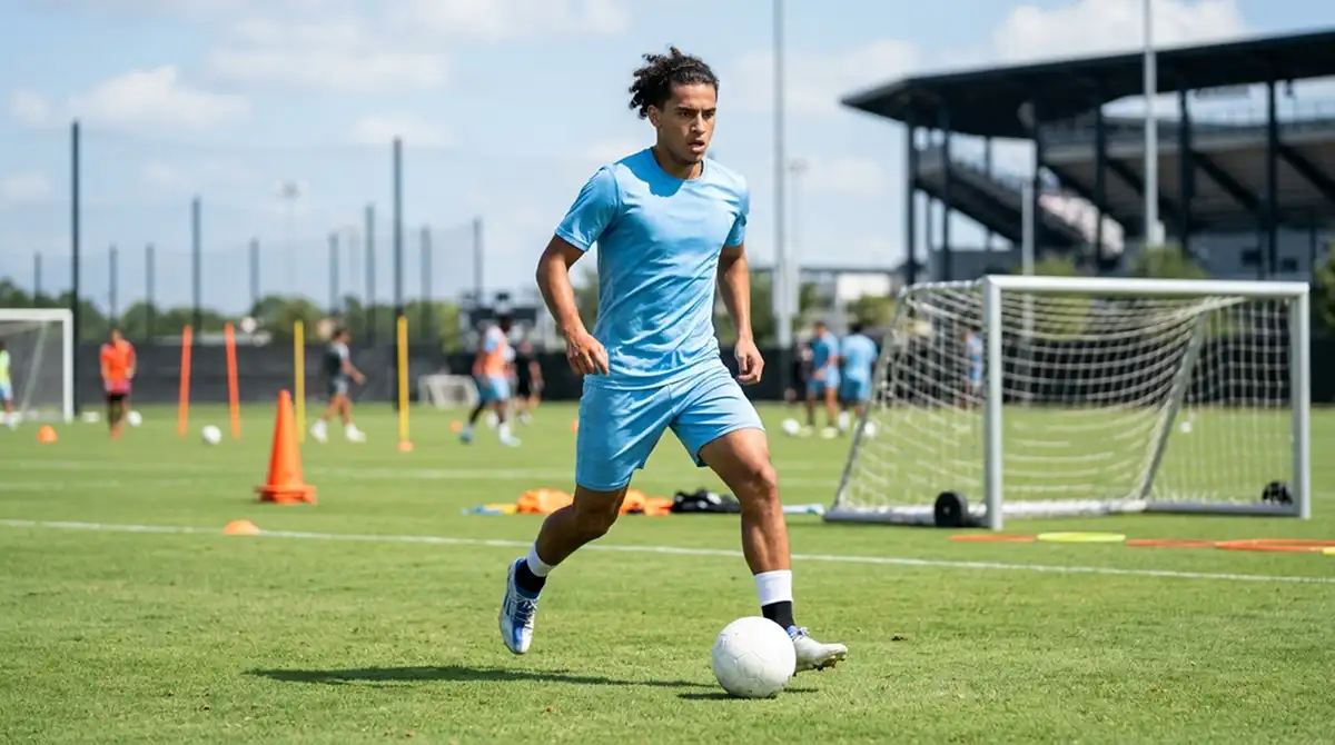 Junger südamerikanischer Soccer-Spieler im Training auf einem MLS-Trainingsplatz