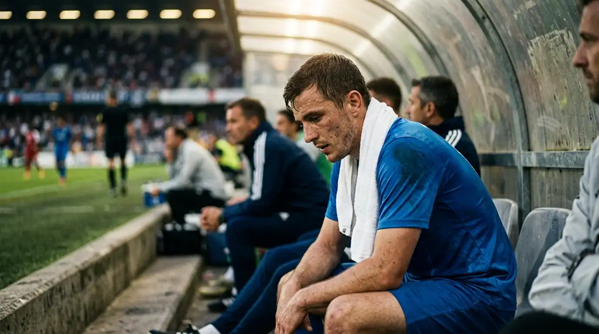 Erschöpfter MLS-Spieler sitzt nach einem Auswärtsspiel auf der Auswechselbank